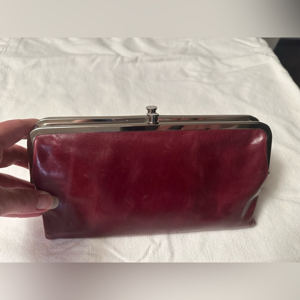 Hobo Burgundy Leather Clutch with Silver Frame